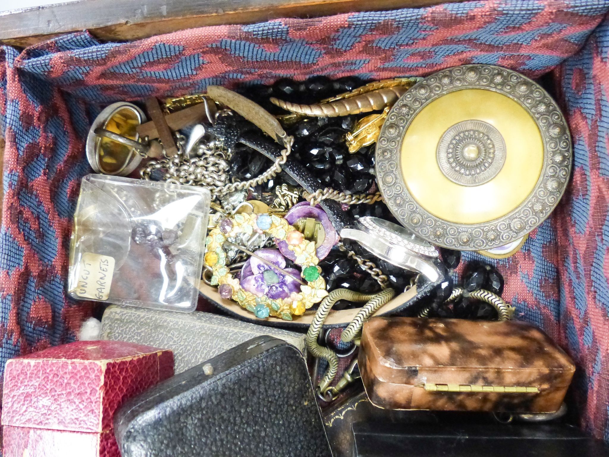 A small quantity of costume jewellery and jewellery boxes, in a mahogany work box.